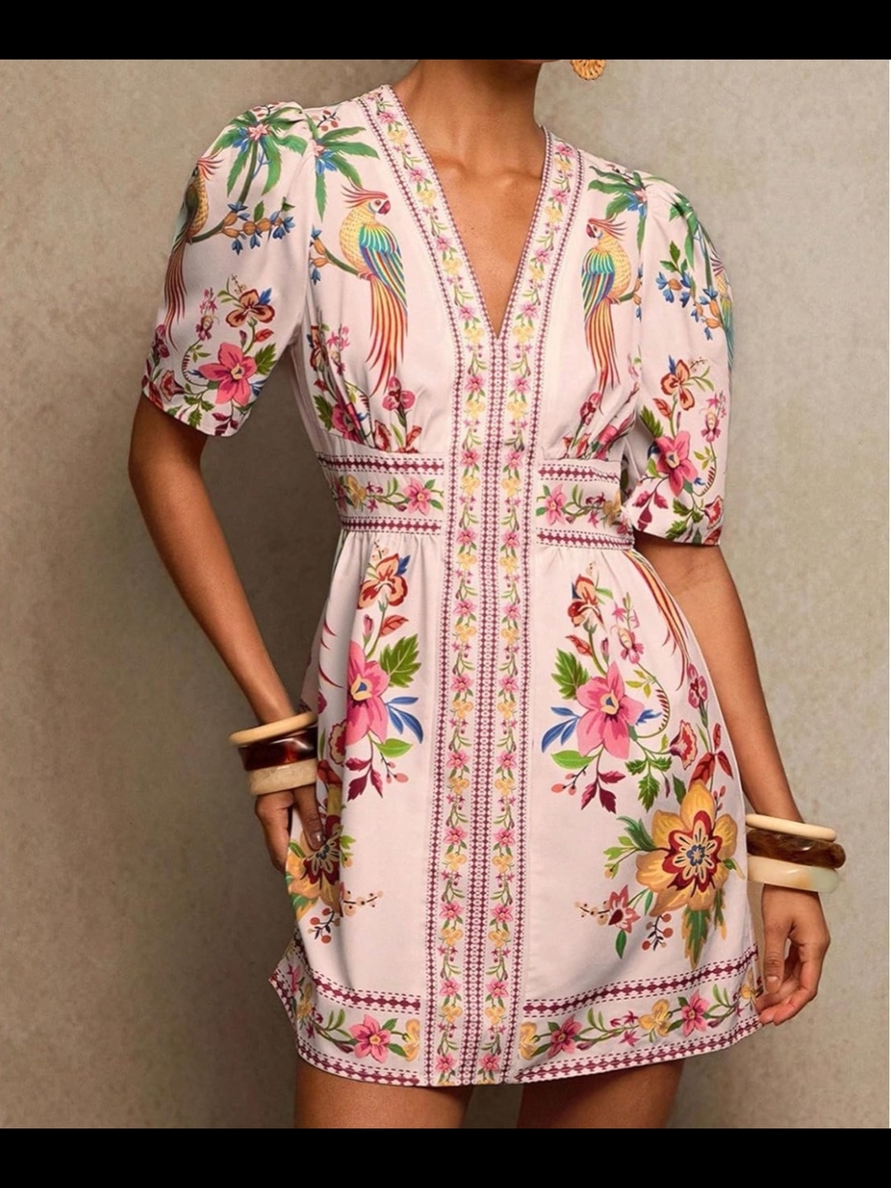 Floral Embroidered Pink V-Neck Mini Dress